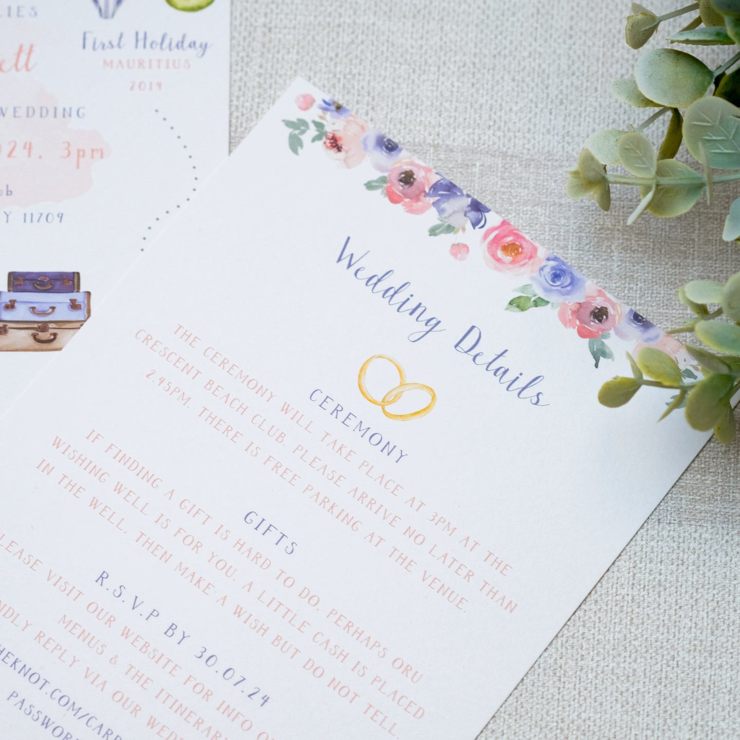 Wedding details card with wedding invitaiton, pink and lilac watercolour floral border on high quality textured card